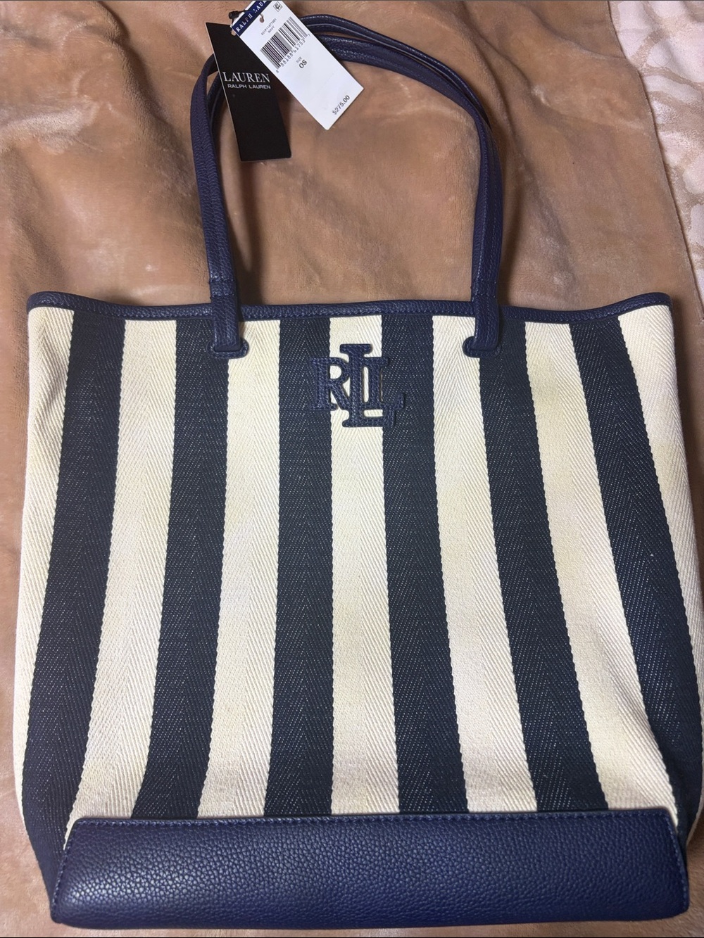 Ralph Lauren Navy & Cream Striped Canvas Tote with RL Logo